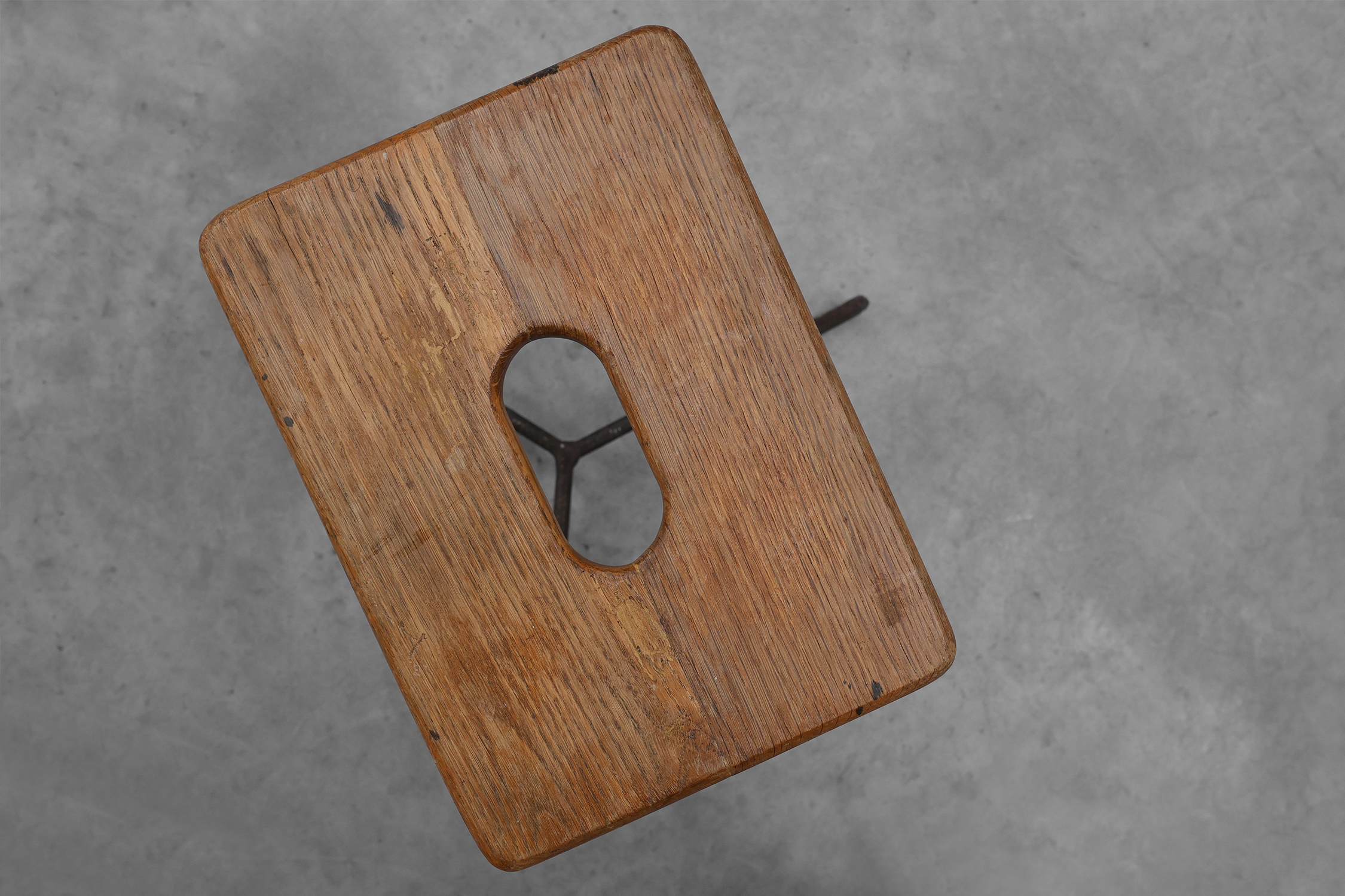 Modernist Industrial Iron and Oak Split Slats Stool, France ca. 1910thumbnail